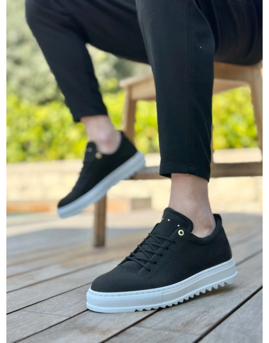 BA0152 Bağcıklı Yüksek Taban Siyah Keten Erkek Ayakkabı