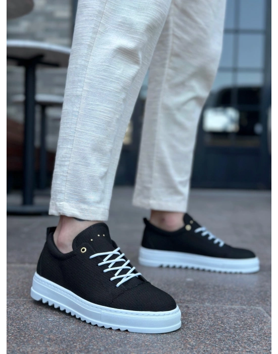 BA0152 Bağcıklı Yüksek Taban Siyah Keten Erkek Ayakkabı