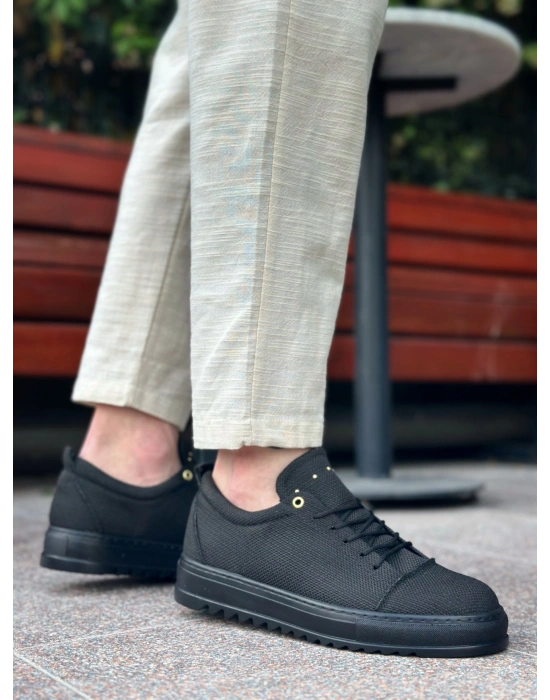 BA0152 Bağcıklı Yüksek Taban Siyah Keten Siyah Taban Erkek Ayakkabı