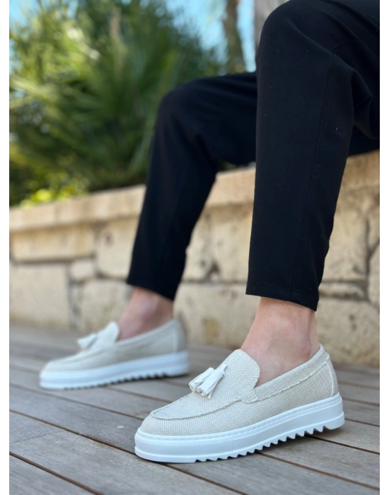 BA0154 Bağcıksız Yüksek Taban Beyaz Keten Püsküllü Erkek Ayakkabı
