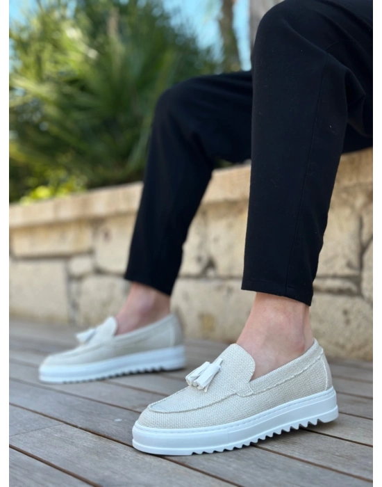 Ba0154 Bağcıksız Yüksek Taban Beyaz Keten Püsküllü Erkek Ayakkabı Erkek Günlük Ayakkabı