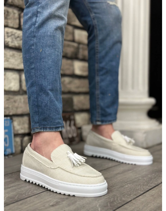 Ba0154 Bağcıksız Yüksek Taban Beyaz Keten Püsküllü Erkek Ayakkabı Erkek Günlük Ayakkabı