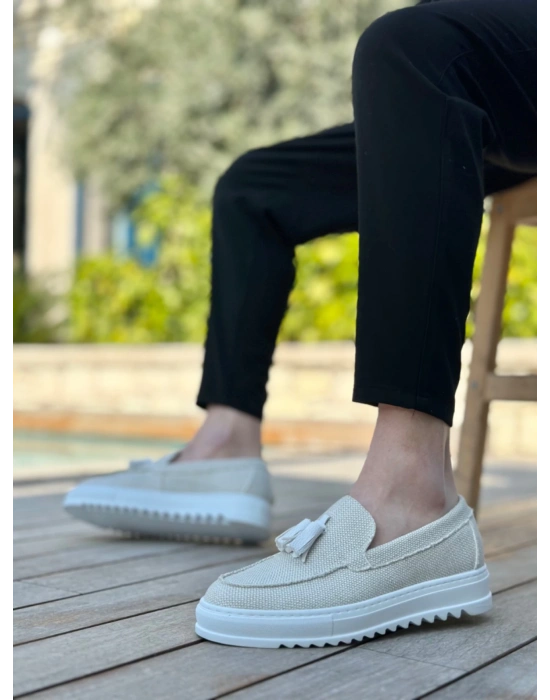 Ba0154 Bağcıksız Yüksek Taban Beyaz Keten Püsküllü Erkek Ayakkabı Erkek Günlük Ayakkabı