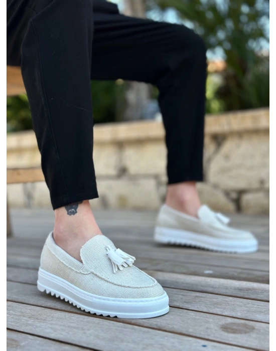 BA0154 Bağcıksız Yüksek Taban Beyaz Keten Püsküllü Erkek Ayakkabı