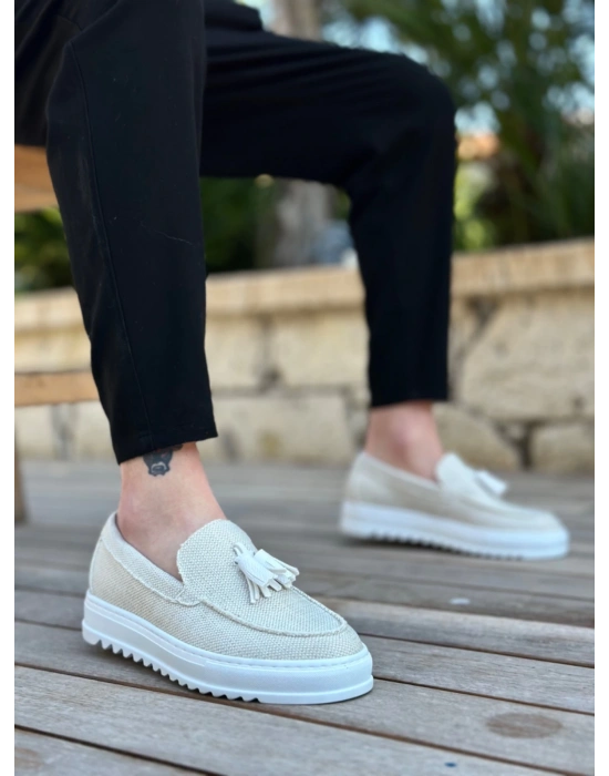 Ba0154 Bağcıksız Yüksek Taban Beyaz Keten Püsküllü Erkek Ayakkabı Erkek Günlük Ayakkabı