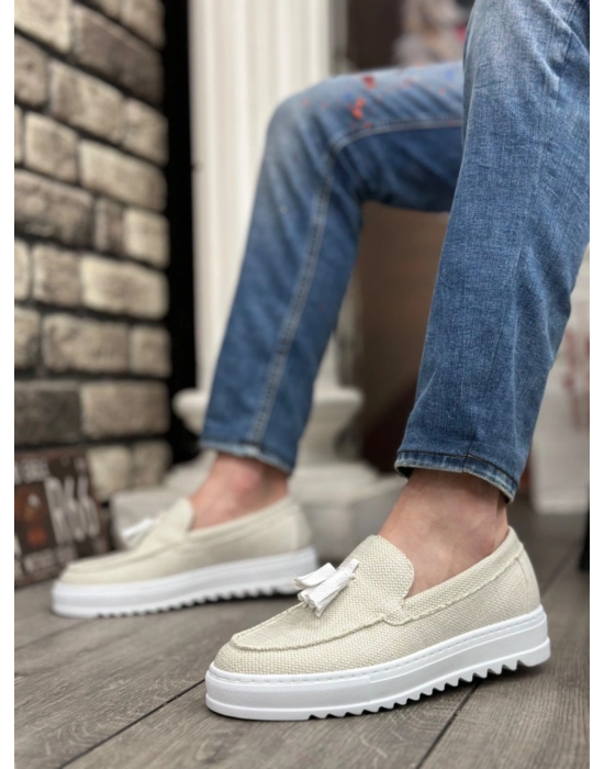 BA0154 Bağcıksız Yüksek Taban Beyaz Keten Püsküllü Erkek Ayakkabı