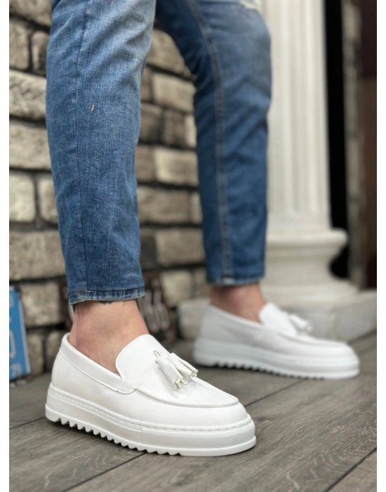 BA0154  Bağcıksız Yüksek Taban Cilt Beyaz Renk Püsküllü Erkek Ayakkabı