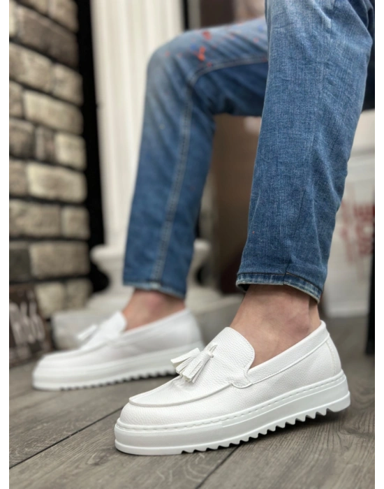 BA0154  Bağcıksız Yüksek Taban Cilt Beyaz Renk Püsküllü Erkek Ayakkabı