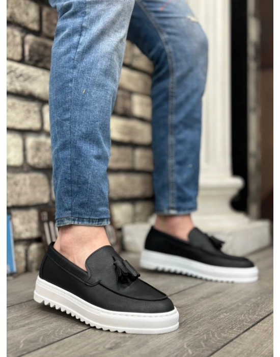 BA0154  Bağcıksız Yüksek Taban Cilt Siyah Renk Beyaz Taban Püsküllü Erkek Ayakkabı