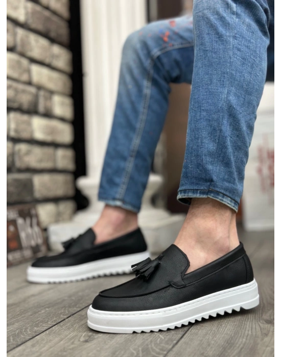 Ba0154 Bağcıksız Yüksek Taban Cilt Siyah Renk Beyaz Taban Püsküllü Erkek Ayakkabı Erkek Günlük Ayakkabı
