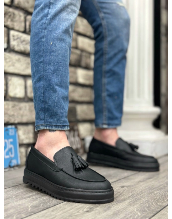 BA0154  Bağcıksız Yüksek Taban Cilt Siyah Renk Püsküllü Erkek Ayakkabı