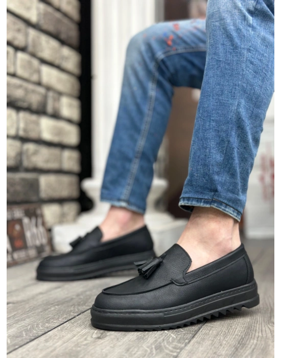 BA0154  Bağcıksız Yüksek Taban Cilt Siyah Renk Püsküllü Erkek Ayakkabı
