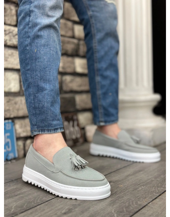 BA0154 Bağcıksız Yüksek Taban Gri Süet Püsküllü Erkek Ayakkabı