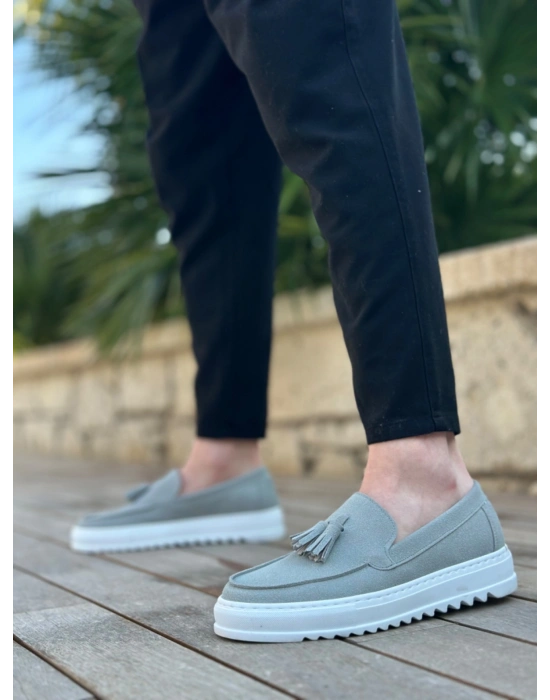 BA0154 Bağcıksız Yüksek Taban Gri Süet Püsküllü Erkek Ayakkabı