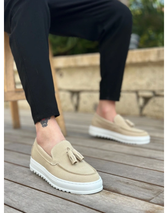 BA0154  Bağcıksız Yüksek Taban Keten Krem Renk Püsküllü Erkek Ayakkabı