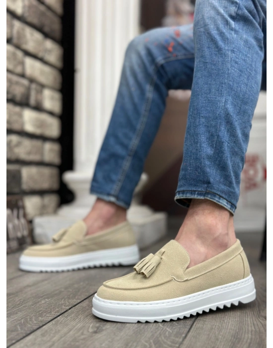 BA0154  Bağcıksız Yüksek Taban Keten Krem Renk Püsküllü Erkek Ayakkabı