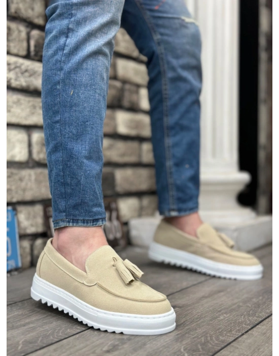 BA0154  Bağcıksız Yüksek Taban Keten Krem Renk Püsküllü Erkek Ayakkabı