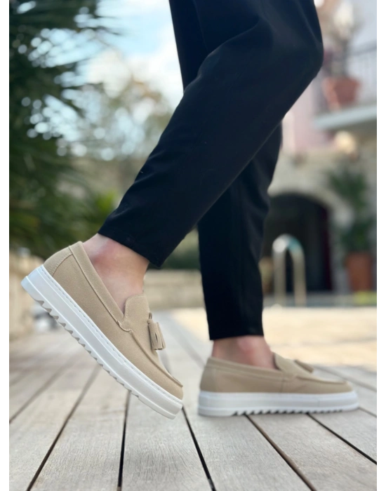 BA0154  Bağcıksız Yüksek Taban Keten Krem Renk Püsküllü Erkek Ayakkabı