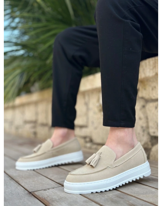 BA0154  Bağcıksız Yüksek Taban Keten Krem Renk Püsküllü Erkek Ayakkabı