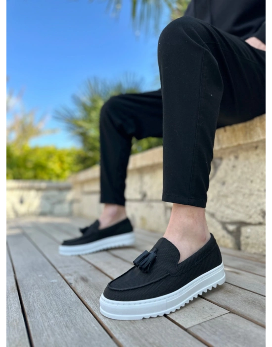 BA0154  Bağcıksız Yüksek Taban Keten Siyah Renk Püsküllü Erkek Ayakkabı