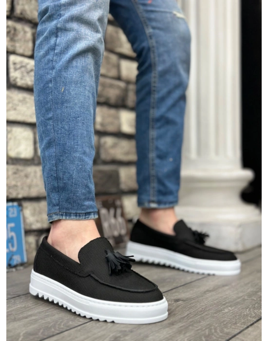 BA0154  Bağcıksız Yüksek Taban Keten Siyah Renk Püsküllü Erkek Ayakkabı