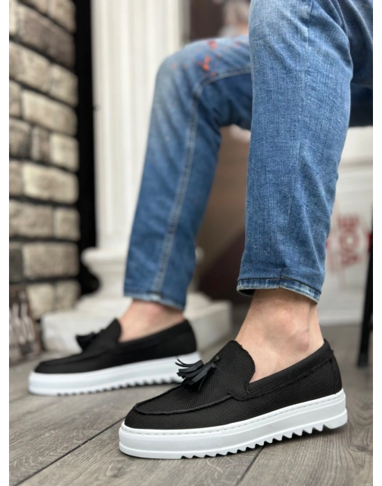BA0154  Bağcıksız Yüksek Taban Keten Siyah Renk Püsküllü Erkek Ayakkabı