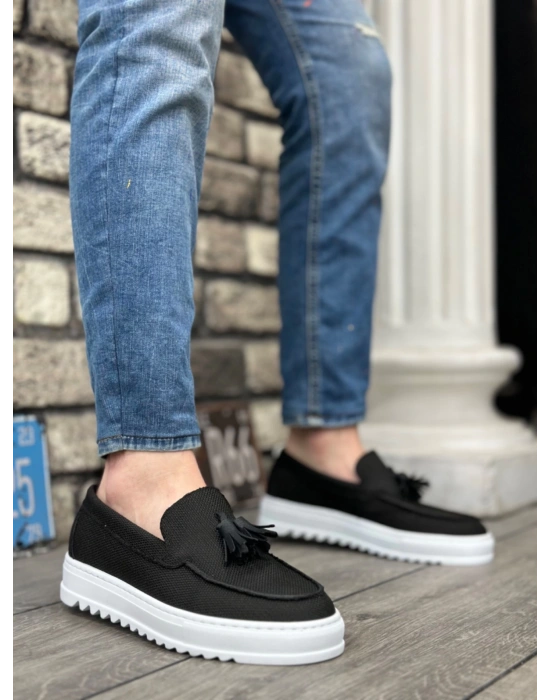 Ba0154 Bağcıksız Yüksek Taban Keten Siyah Renk Püsküllü Erkek Ayakkabı Erkek Günlük Ayakkabı