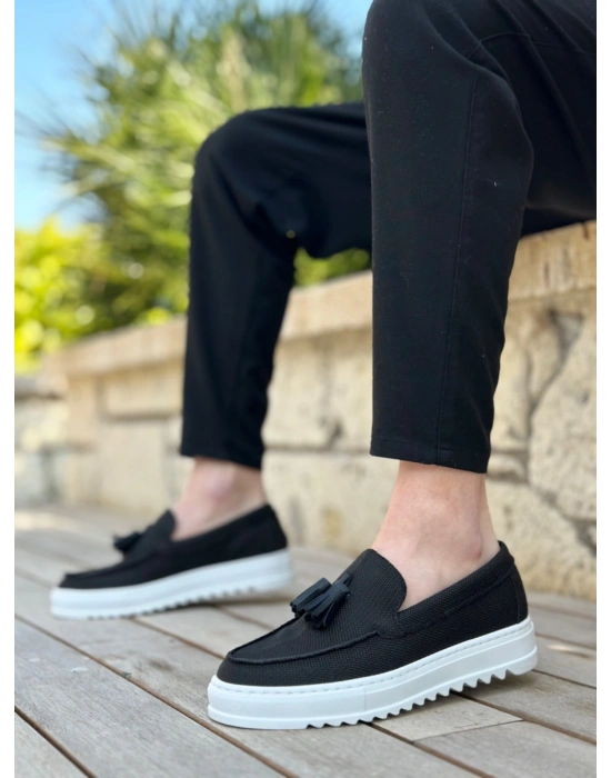 BA0154  Bağcıksız Yüksek Taban Keten Siyah Renk Püsküllü Erkek Ayakkabı