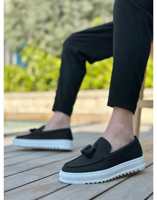 Ba0154 Bağcıksız Yüksek Taban Keten Siyah Renk Püsküllü Erkek Ayakkabı Erkek Günlük Ayakkabı