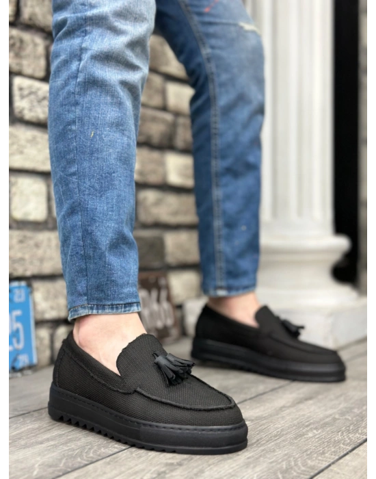 BA0154 Bağcıksız Yüksek Taban Siyah Keten Siyah Taban Püsküllü Erkek Ayakkabı