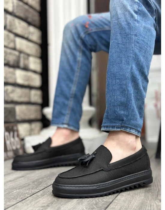 Ba0154 Bağcıksız Yüksek Taban Siyah Keten Siyah Taban Püsküllü Erkek Ayakkabı Erkek Günlük Ayakkabı