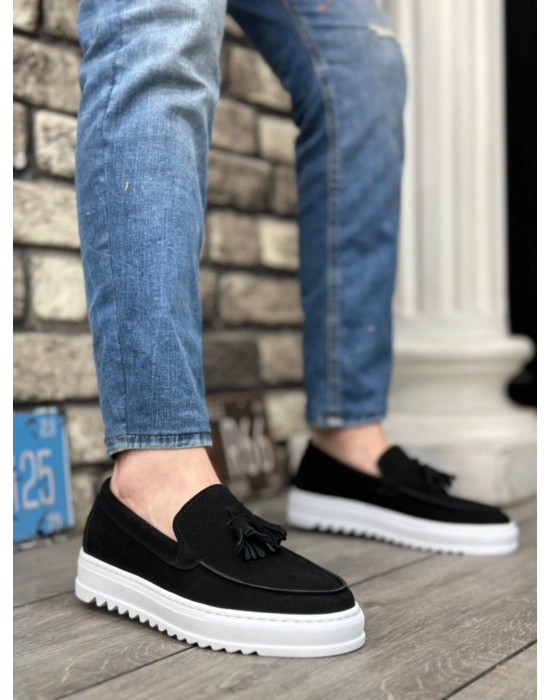 Ba0154 Bağcıksız Yüksek Taban Süet Siyah Renk Beyaz Taban Püsküllü Erkek Ayakkabı Erkek Günlük Ayakkabı