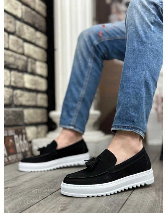 BA0154 Bağcıksız Yüksek Taban Süet Siyah Renk Beyaz Taban Püsküllü Erkek Ayakkabı