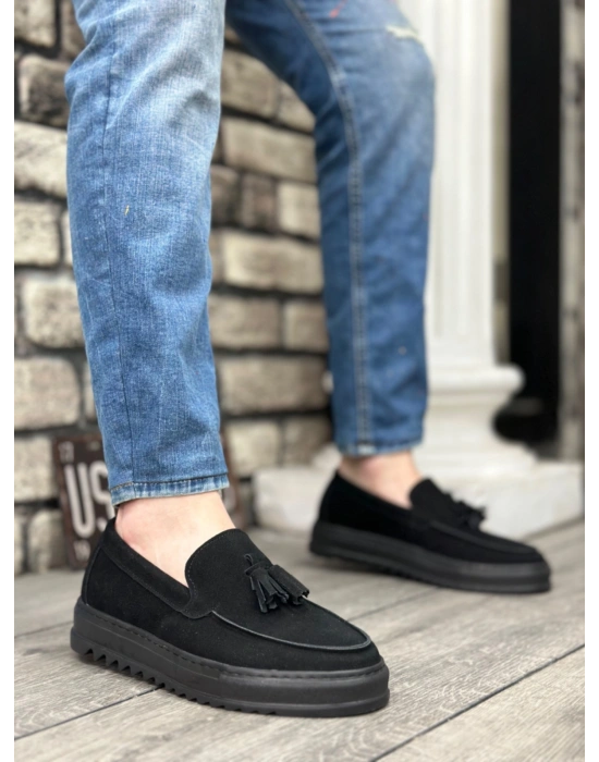 BA0154 Bağcıksız Yüksek Taban Süet Siyah Renk Siyah Taban Püsküllü Erkek Ayakkabı