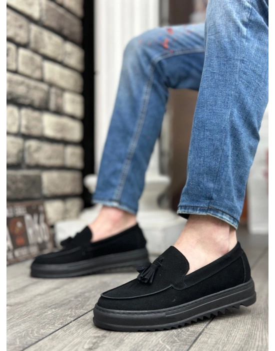 BA0154 Bağcıksız Yüksek Taban Süet Siyah Renk Siyah Taban Püsküllü Erkek Ayakkabı