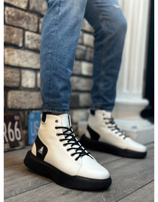 BA0155 Bağcıklı Erkek Yüksek Taban Beyaz Siyah Taban Spor Bot