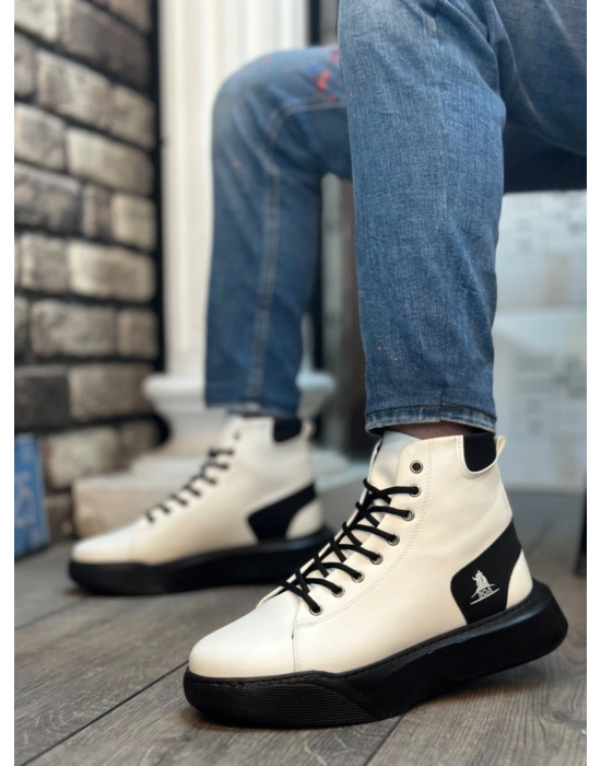 BA0155 Bağcıklı Erkek Yüksek Taban Beyaz Siyah Taban Spor Bot