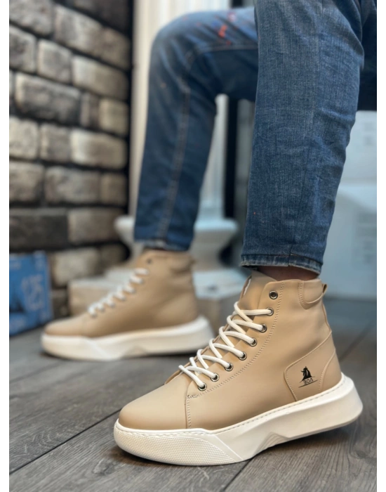 Ba0155 Bağcıklı Erkek Yüksek Taban Krem Beyaz Taban Spor Erkek Bot