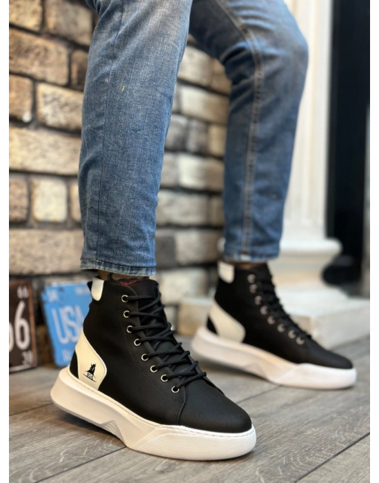 BA0155 Bağcıklı Erkek Yüksek Taban Siyah Beyaz Siyah Taban Spor Bot