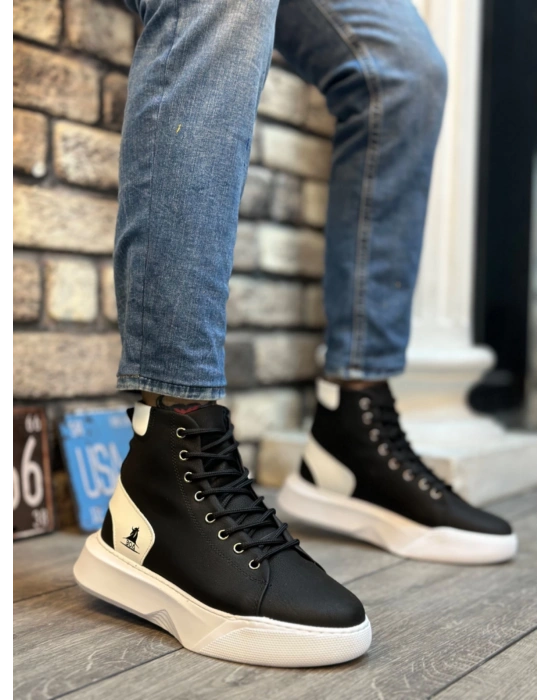 Ba0155 Bağcıklı Erkek Yüksek Taban Siyah Beyaz Siyah Taban Spor Erkek Bot