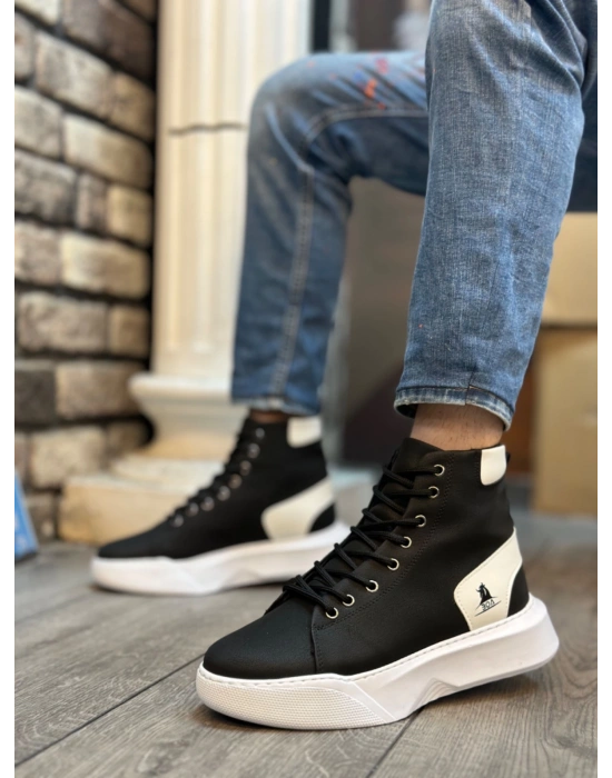 Ba0155 Bağcıklı Erkek Yüksek Taban Siyah Beyaz Siyah Taban Spor Erkek Bot