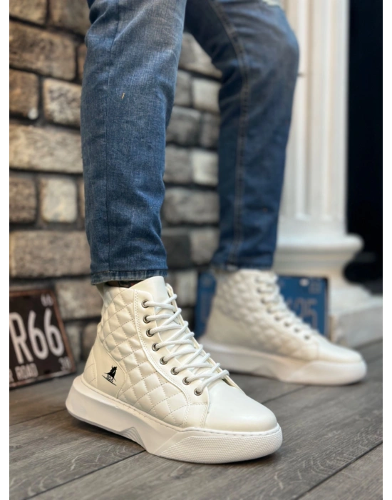 BA0159 Bağcıklı Beyaz Kapitone Erkek Yüksek Taban Spor Bot