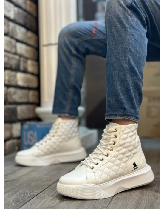BA0159 Bağcıklı Beyaz Kapitone Erkek Yüksek Taban Spor Bot