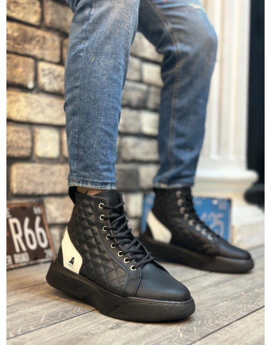 BA0159 Bağcıklı Erkek Yüksek Taban Siyah Beyaz Spor Bot
