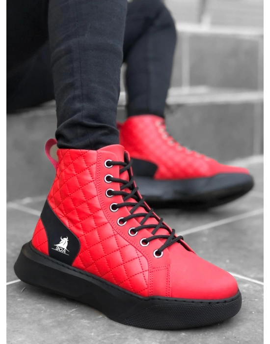 Ba0159 Bağcıklı Kırmızı Kapitone Erkek Yüksek Taban Spor Erkek Bot
