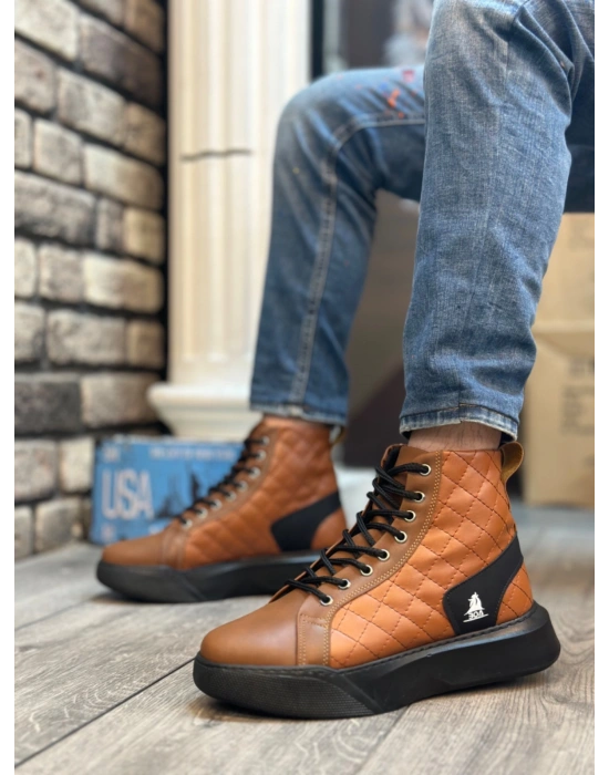 BA0159 Bağcıklı Koyu Taba Kapitone Erkek Yüksek Taban Spor Bot