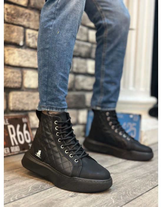 BA0159 Bağcıklı Siyah Kapitone Erkek Yüksek Taban Spor Bot