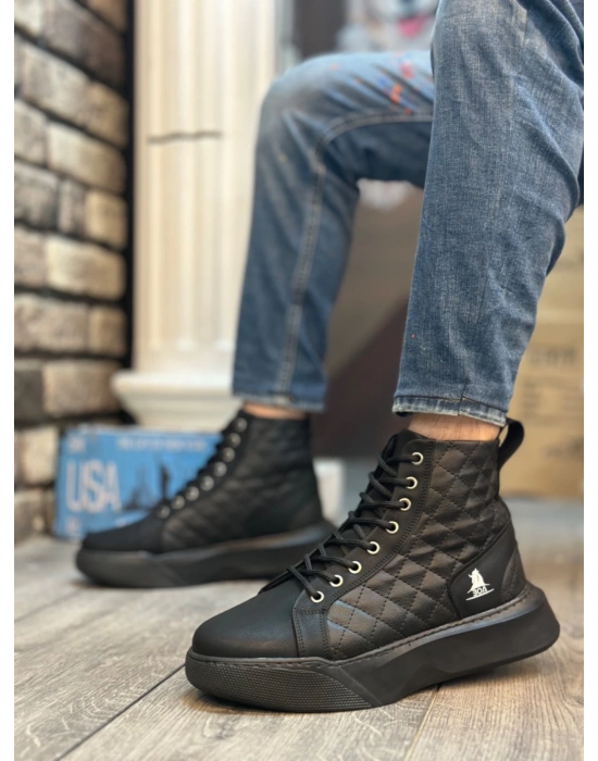 Ba0159 Bağcıklı Siyah Kapitone Erkek Yüksek Taban Spor Erkek Bot