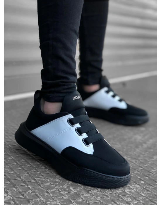 Ba0160 Bantlı Erkek Yüksek Taban Siyah Beyaz Siyah Taban Erkek Spor Ayakkabı