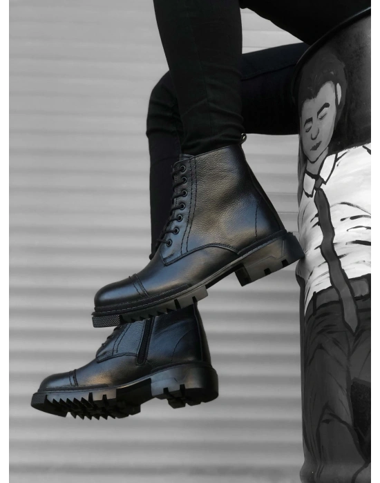 Ba0187 İçi Dışı Hakiki Deri Siyah Erkek Fermuarlı Yarım Erkek Bot